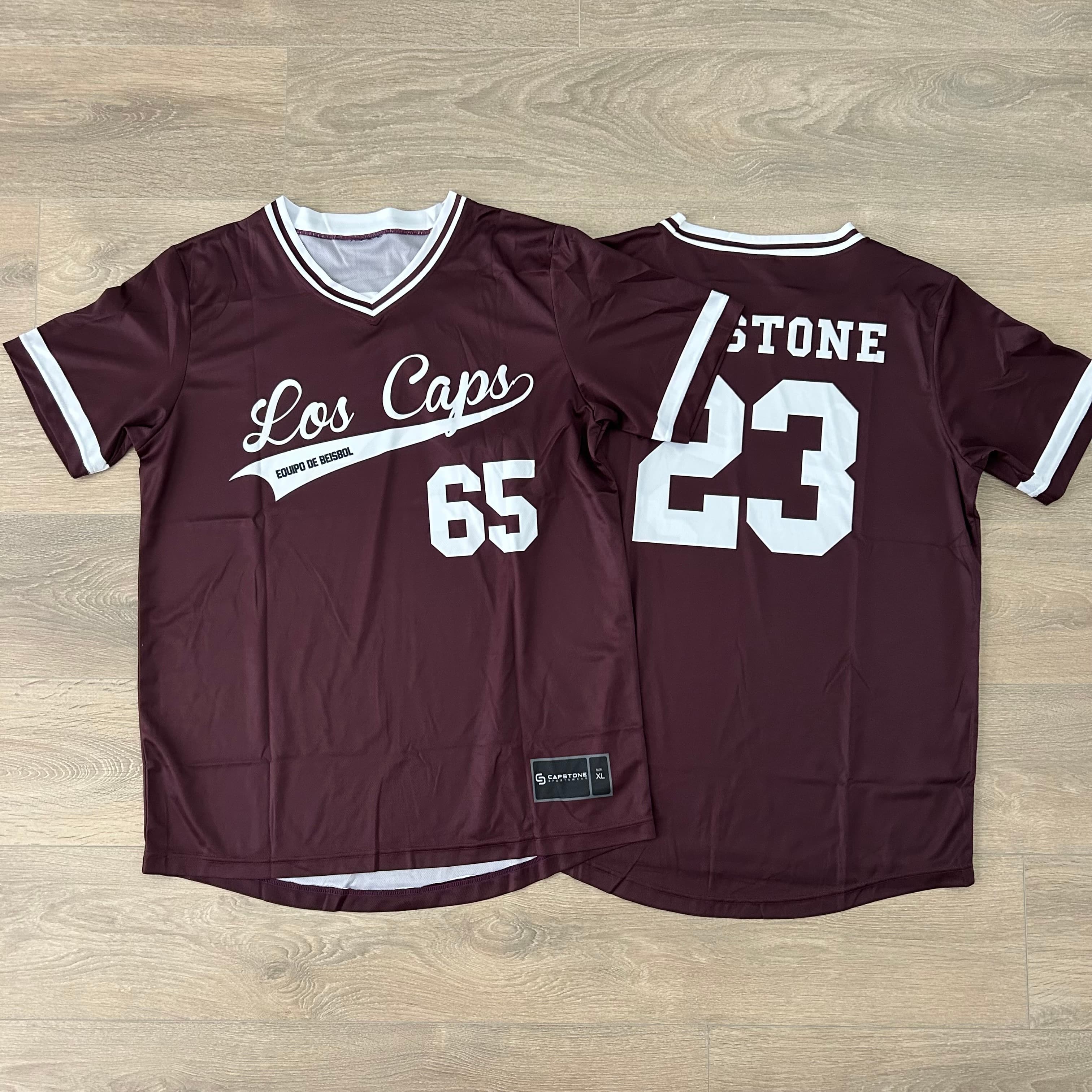 Los Caps custom baseball jerseys — front and back